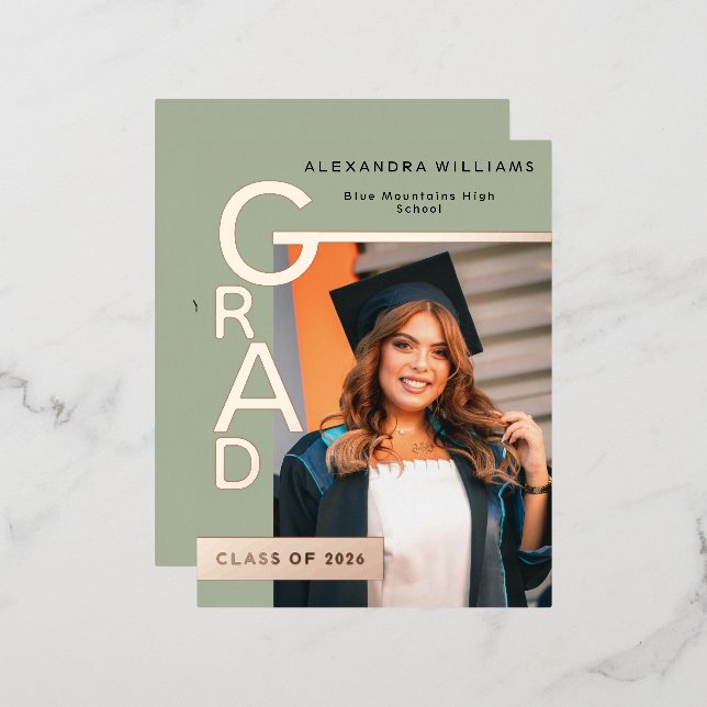 Invitación Postal Con Relieve Metalizado Modern Jade Graduation Party Invitation Rose Gold  (Anverso/Reverso)