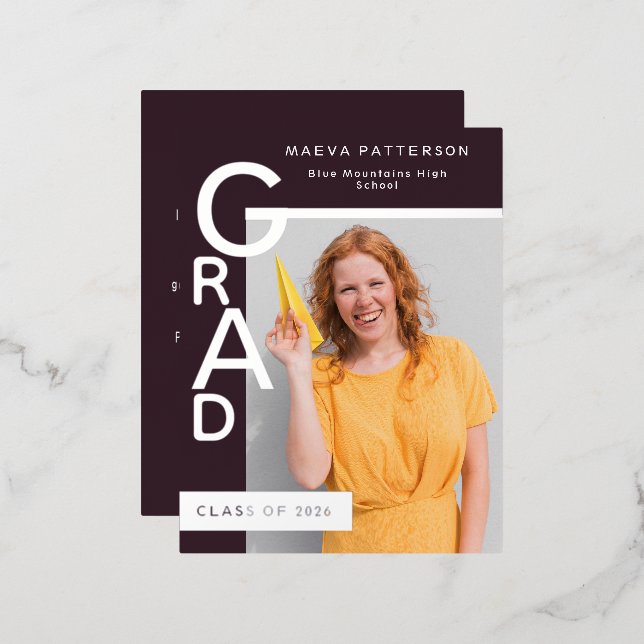 Invitación Postal Con Relieve Metalizado Modern Plum Graduation Party Invitation Silver (Anverso/Reverso)