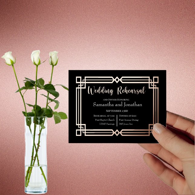 Invitación Postal Con Relieve Metalizado Modern Rose Gold Border Navy Black Rehearsal Card (Subido por el creador)