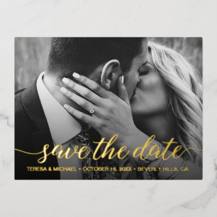 Invitación Postal Con Relieve Metalizado Modern Save the date Photo Boda Gold