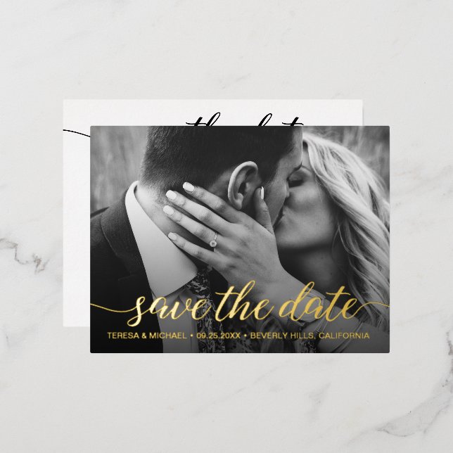 Invitación Postal Con Relieve Metalizado Modern Save the date Photo Boda Real Gold (Anverso/Reverso)