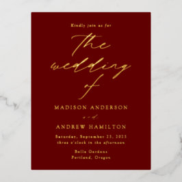 Invitación Postal Con Relieve Metalizado Moderna elegancia Borgoña y Boda de oro