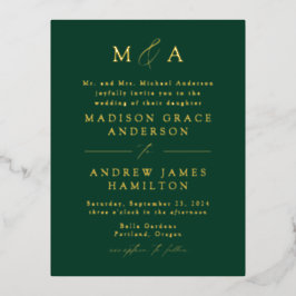 Invitación Postal Con Relieve Metalizado Moderna elegancia Monograma Verde y Boda de oro