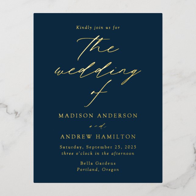 Invitación Postal Con Relieve Metalizado Moderna Marina de Elegancia y Boda de Oro (Anverso)