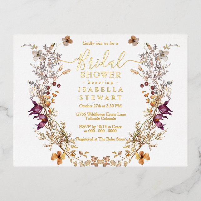 Invitación Postal Con Relieve Metalizado Moderno Boho Wildflower Elegante Ducha Bridal (Anverso)