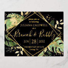 Invitación Postal Con Relieve Metalizado Moderno brunch tropical de novias negro y oro burb