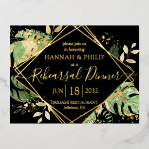 Invitación Postal Con Relieve Metalizado Moderno ensayo tropical oro de la cena