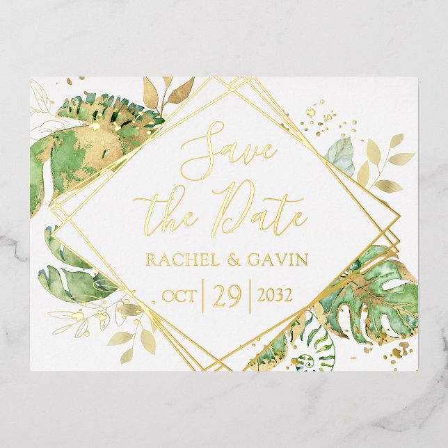 Invitación Postal Con Relieve Metalizado Moderno Tropical Save the Date (Anverso)