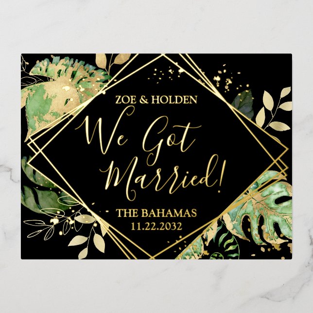 Invitación Postal Con Relieve Metalizado Moderno Tropical Tenemos Recepción De Elopement Ca (Anverso)