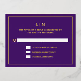 Invitación Postal Con Relieve Metalizado Monogram Gold Foil Purple Wedding RSVP Card