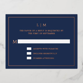 Invitación Postal Con Relieve Metalizado Monograma azul de la marina simple Boda elegante R