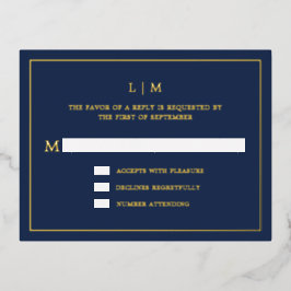 Invitación Postal Con Relieve Metalizado Monograma azul de la marina simple Boda elegante R