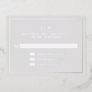 Invitación Postal Con Relieve Metalizado Monograma Gris Simple Elegante Boda RSVP
