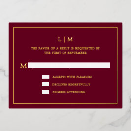 Invitación Postal Con Relieve Metalizado Monograma simple de Borgoña Elegante Boda RSVP