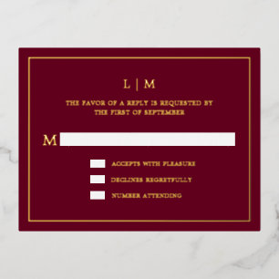 Invitación Postal Con Relieve Metalizado Monograma simple de Borgoña Elegante Boda RSVP