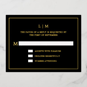Invitación Postal Con Relieve Metalizado Monograma simple negro elegante matrimonio RSVP