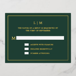 Invitación Postal Con Relieve Metalizado Monograma verde forestal simple Boda elegante RSVP