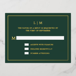 Invitación Postal Con Relieve Metalizado Monograma verde forestal simple Boda elegante RSVP