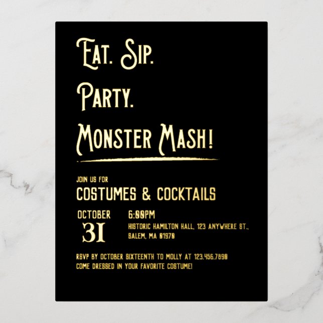 Invitación Postal Con Relieve Metalizado Monster Mash Halloween Party (Anverso)