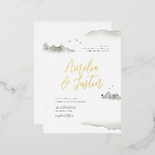 Invitación Postal Con Relieve Metalizado Montañas acuarelas Boda de destino al aire libre