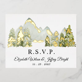 Invitación Postal Con Relieve Metalizado Montañas de acuarela rustica Invierno de Pino RSVP