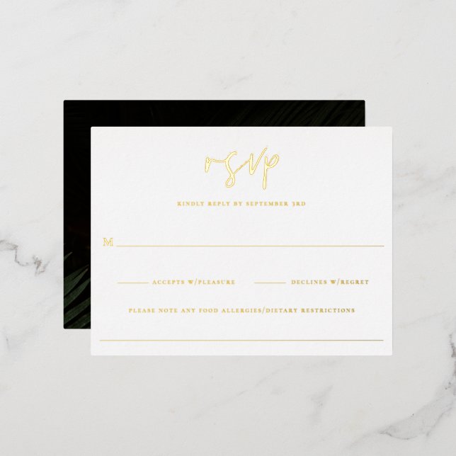 Invitación Postal Con Relieve Metalizado Moody Tropics Wedding RSVP (Anverso/Reverso)
