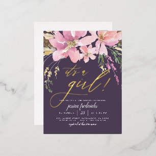 Invitación Postal Con Relieve Metalizado Morado oscuro y oro es un Baby Shower floral Chica