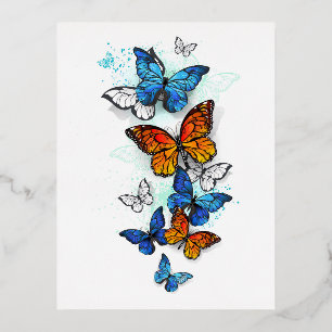 Invitación Postal Con Relieve Metalizado Morfo y monarca de las mariposas voladoras