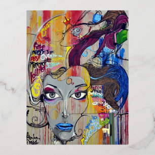 Invitación Postal Con Relieve Metalizado Mujer creativa arte psicodélico graffiti
