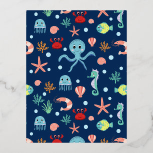 Invitación Postal Con Relieve Metalizado Mundo Marino