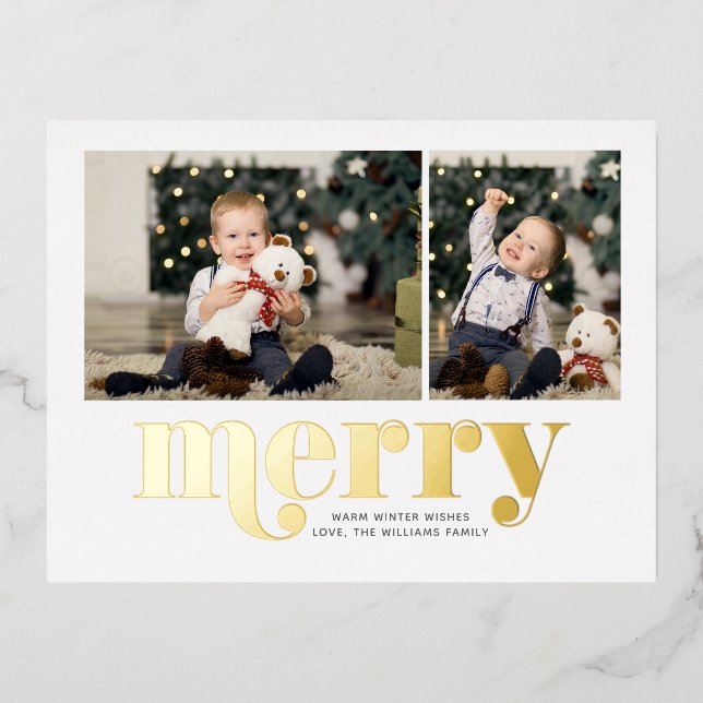 Invitación Postal Con Relieve Metalizado Muy Feliz Galería navideña de 2 festividades fotog (Anverso)