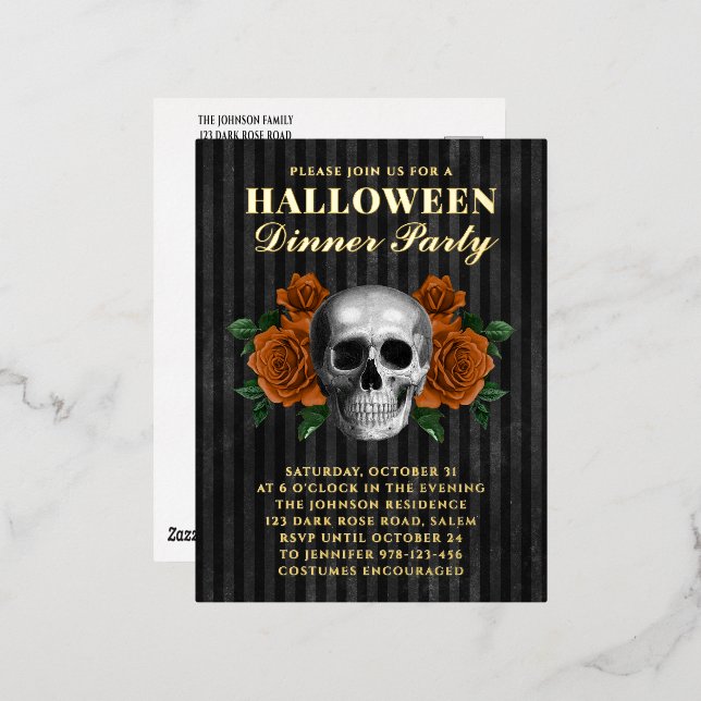 Invitación Postal Con Relieve Metalizado Naranja de cráneo Rosas Cena de Halloween Fiesta O (Anverso/Reverso)