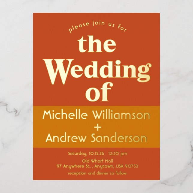 Invitación Postal Con Relieve Metalizado Naranja Terracotta Retro Moderno (Anverso)