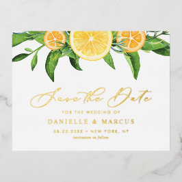 Invitación Postal Con Relieve Metalizado Naranjas de acuarela y verano de los lémulos Salve