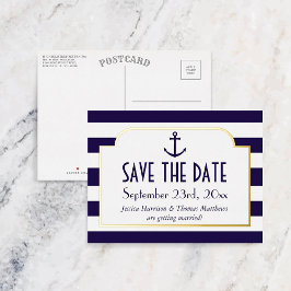 Invitación Postal Con Relieve Metalizado Nautical Navy & White Stripe Anchor Salvan La Fech