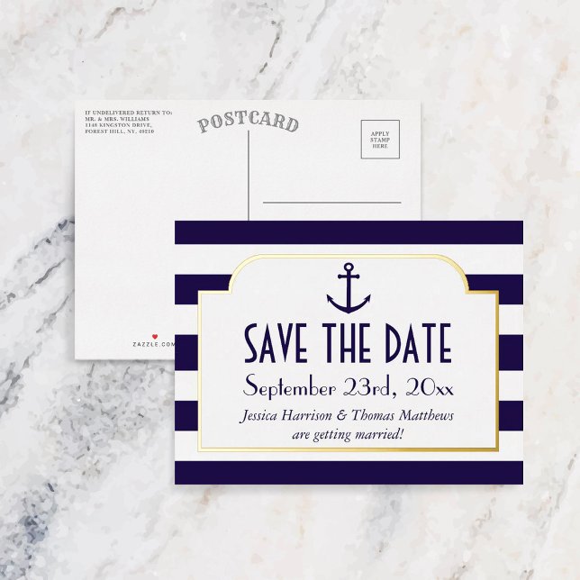 Invitación Postal Con Relieve Metalizado Nautical Navy & White Stripe Anchor Salvan La Fech (Subido por el creador)