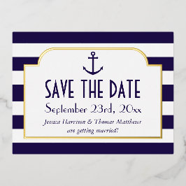 Invitación Postal Con Relieve Metalizado Nautical Navy & White Stripe Anchor Salvan La Fech
