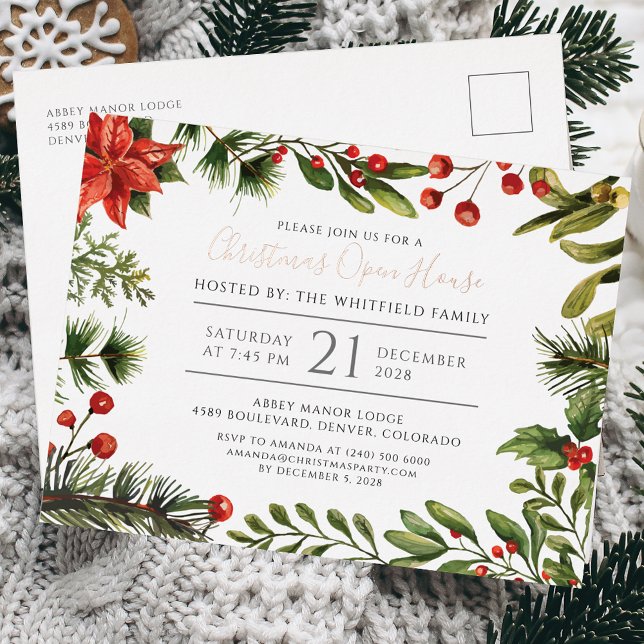 Invitación Postal Con Relieve Metalizado Navidades Holiday Open House BotanRosa Gold (Christmas Party Botanical Script Red Berries Open House Invitation Card)