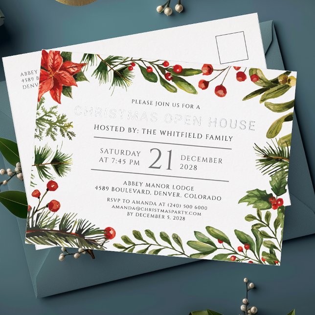 Invitación Postal Con Relieve Metalizado Navidades Holiday Open House Plata Botánica (Christmas Botanical Red Berris Party Invitation Card)