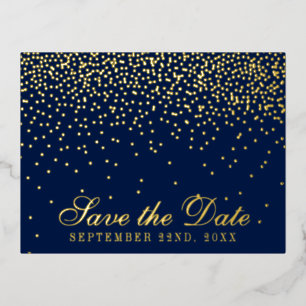 Invitación Postal Con Relieve Metalizado Navy Blue & Glam Confetti Salva La Fecha Real