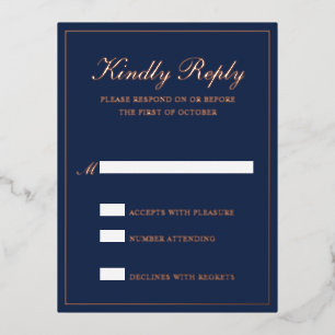 Invitación Postal Con Relieve Metalizado Navy Blue Rose Gold Foil Formal Wedding RSVP Card