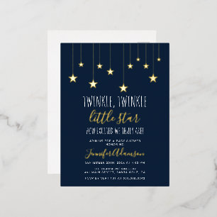 Invitación Postal Con Relieve Metalizado Navy Blue Twinkle Little Star Baby Shower
