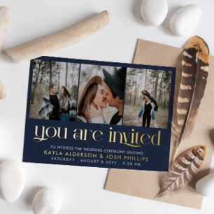 Invitación Postal Con Relieve Metalizado Navy Gold Serif 3 Fotos Invitadas Boda
