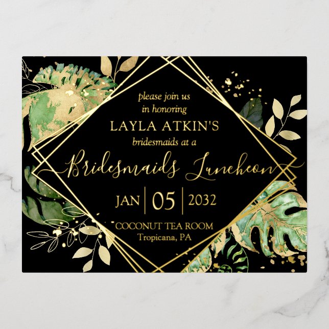 Invitación Postal Con Relieve Metalizado Novedades Tropicales Modernas Luncheon Shower Gold (Anverso)