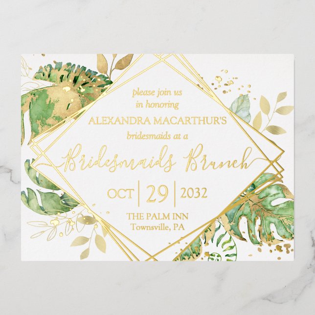 Invitación Postal Con Relieve Metalizado Novias Tropicales Modernas Brunch Gold (Anverso)