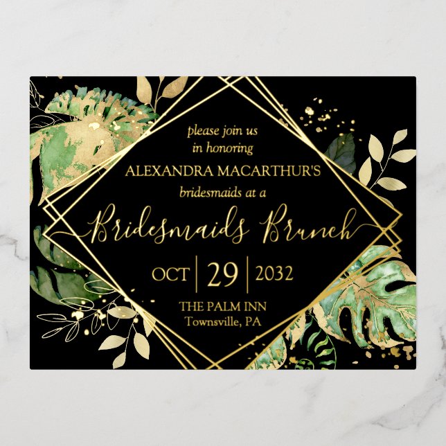 Invitación Postal Con Relieve Metalizado Novias Tropicales Modernas Brunch Gold (Anverso)