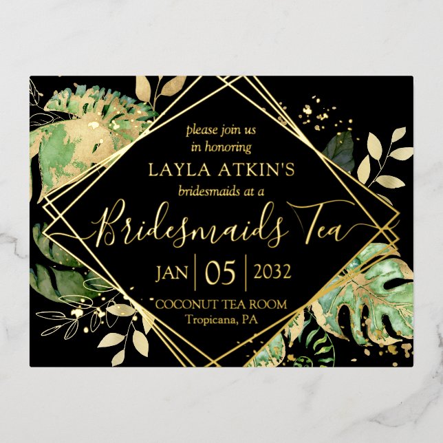 Invitación Postal Con Relieve Metalizado Novias Tropicales Modernas Tea Shower Gold (Anverso)