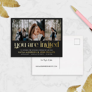 Invitación Postal Con Relieve Metalizado Oro Negro Serif 3 Fotos Está Invitado Boda