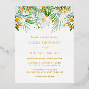 Invitación Postal Con Relieve Metalizado Orquídeas de acuarela y Boda tropical de Kumquats