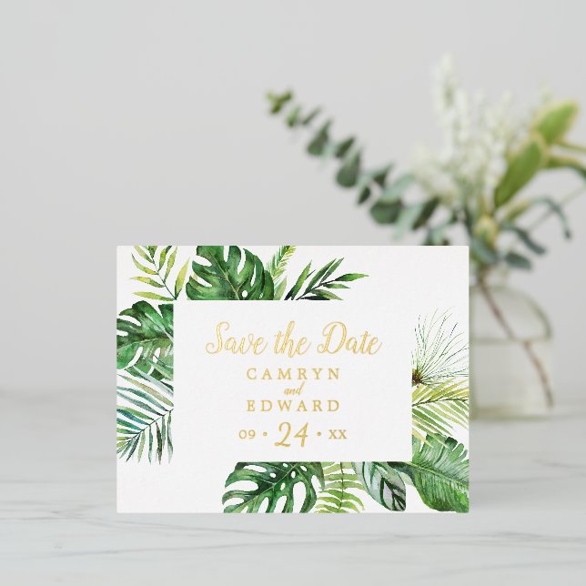 Invitación Postal Con Relieve Metalizado Palm Tropical Salvaje | Relieve metalizado dorado  (Anverso de pie)